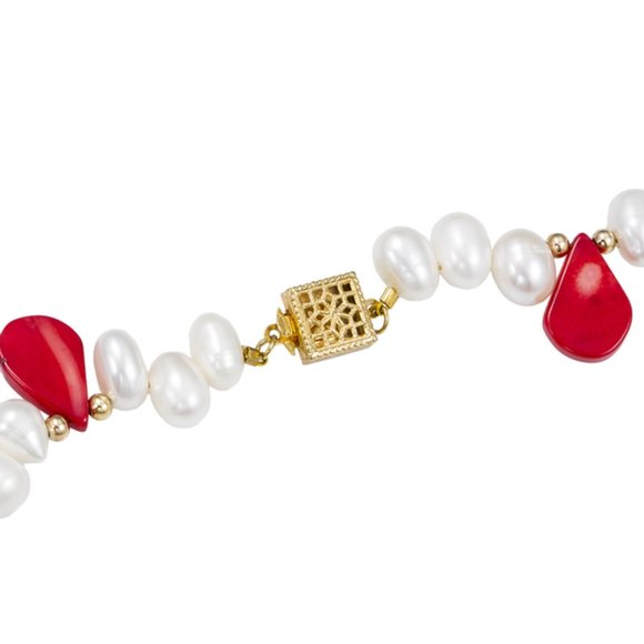 Red Teardrop Bamboo Coral and White Biwa Pearl with Gold Bead Necklace - Picture 4 of 6